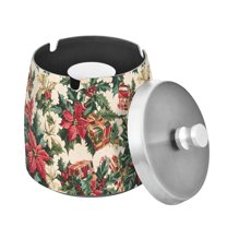 Yayeee Ashtray with Lid for Cigarette Smokeless Stainless Steel Home Ash Holder, Red Christmas Poinsettia