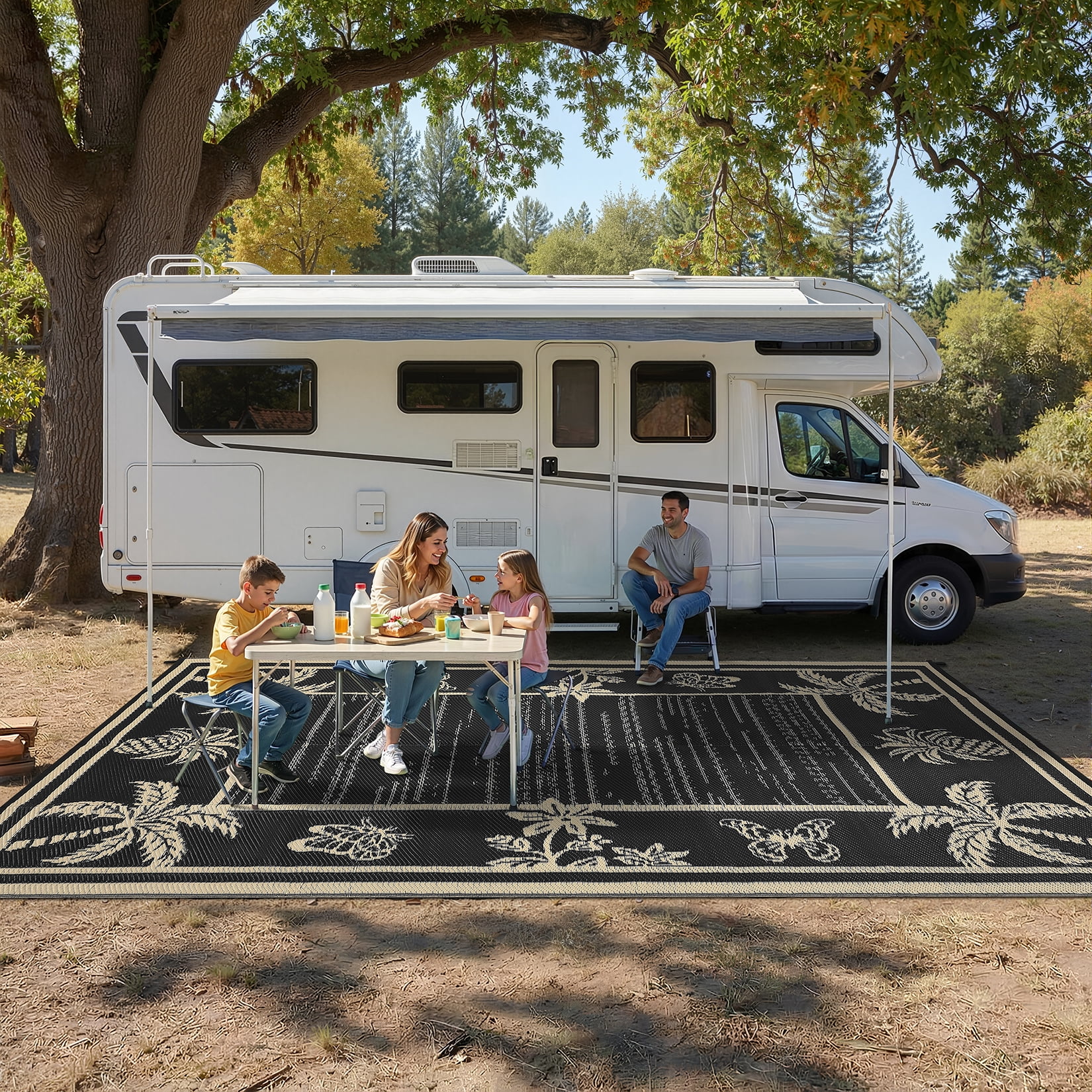 FairOnly 9'x12'Modern Tropical Floral Outdoor Rug Waterproof Reversible & Portable for Patio Poolside & Beach RV,Black Coffee