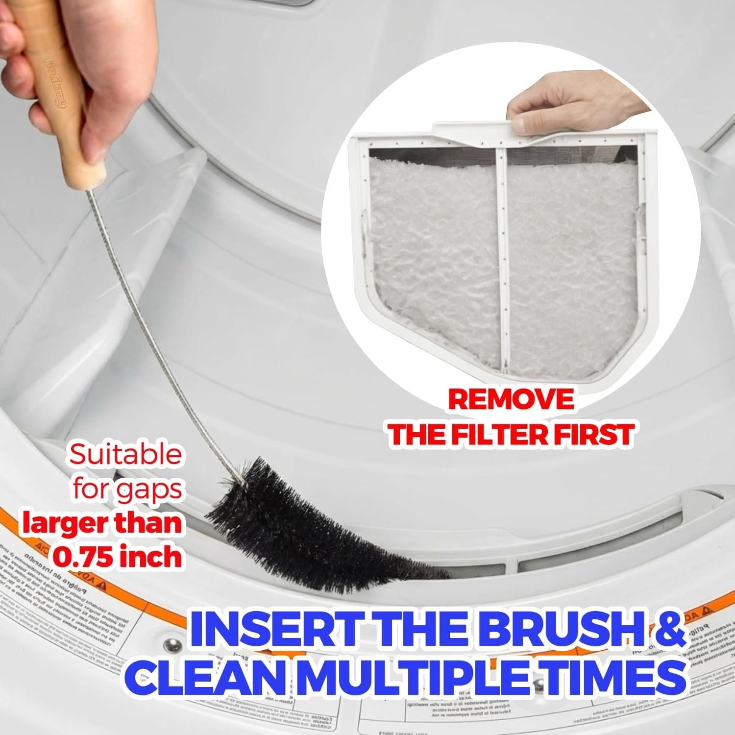 ZHICHUN  3 Pack Dryer Vent Cleaner Kit 304 Stainless Steel Lint Crevice Brush with Wooden Handle for Dryer Lint Trap Household Cleaning Use