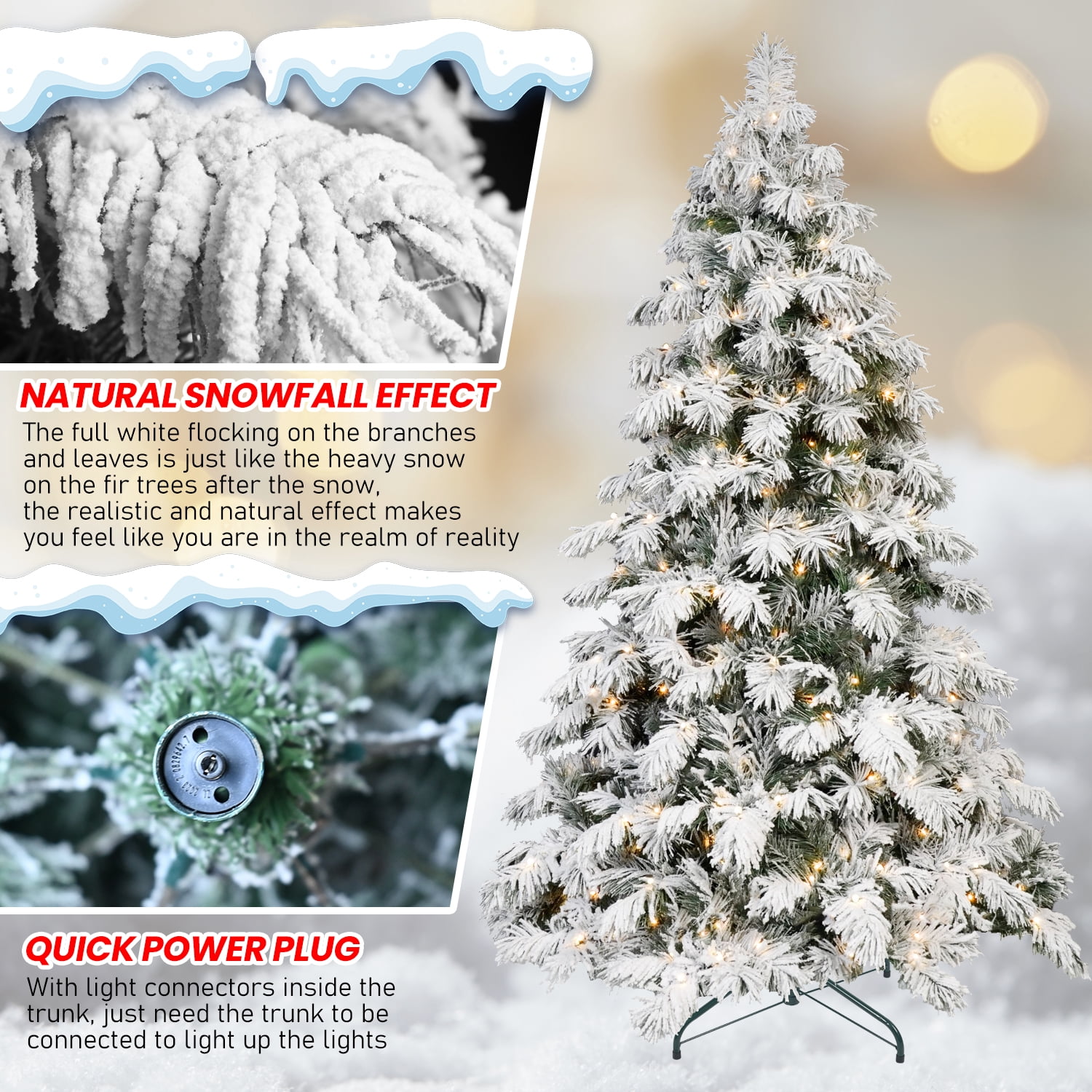 Euroco 7ft Flocked Scarecrow-Shaped Christmas Tree with 360 Warm White LED Lights, 890 PVC Memory Wire Tips,Power Pole & Hinged Structure – Realistic Snowy Holiday Tree