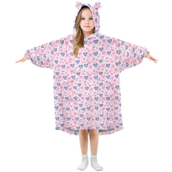 Wearable Blanket Hoodie for Kids Light Blue Heart Flannel Hooded Blanket with Pockets and Sleeves Suitable for Boys and Girls