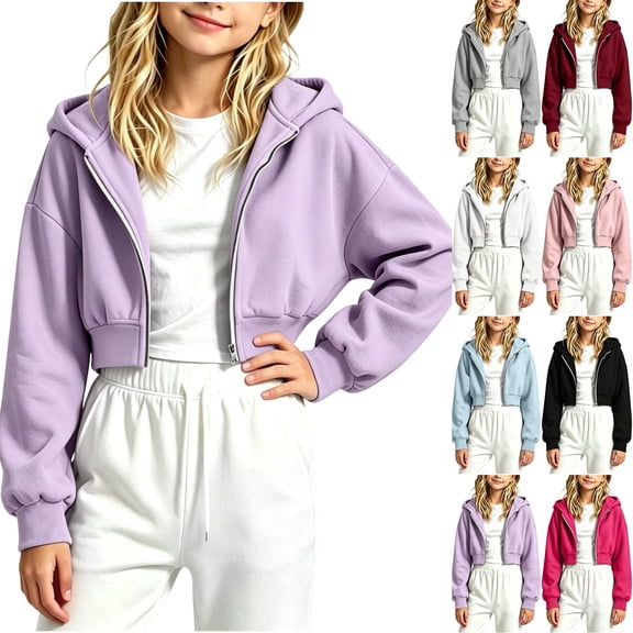 Chiccall Girls Cropped Zip Up Hoodies Long Sleeve Soft Daily School Walking Street Outdoor Holiday Hooded Zip Jacket for Kids