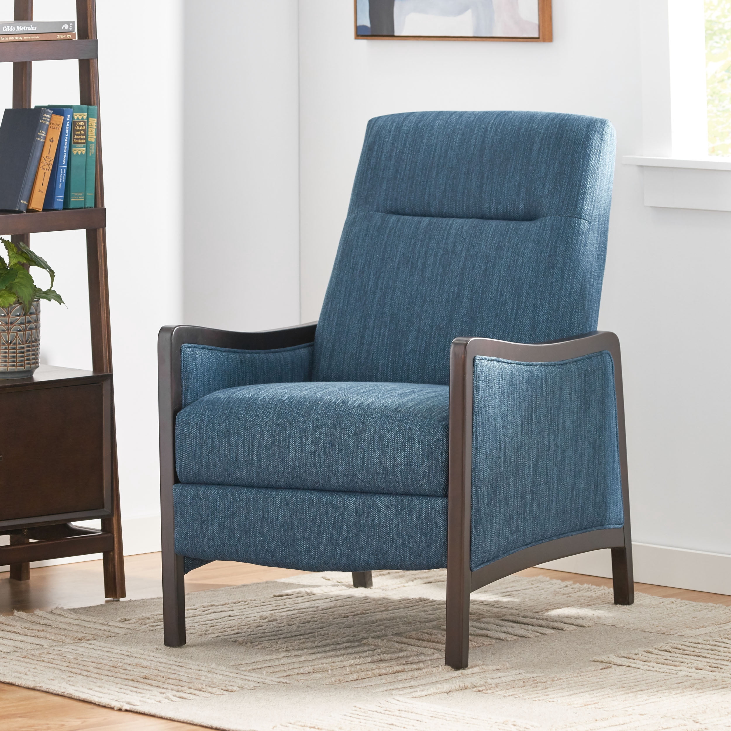 Noble House Roski Navy Blue Upholstered Recliner with Dark Walnut Frame