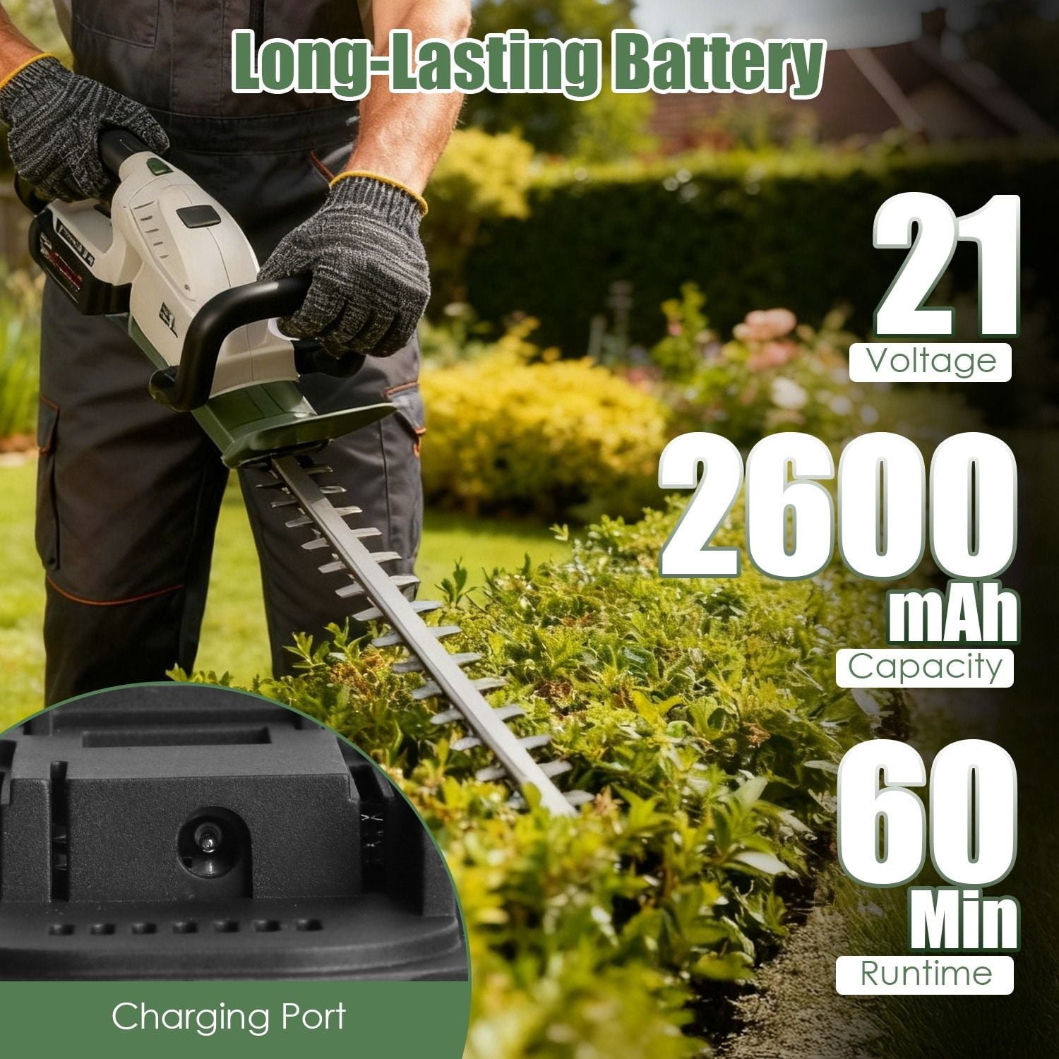 Professional Cordless Hedge Trimmer 21V 2600mAh Rechargeable ±90° Adjustable Handle 0.6" Cutting Capacity Electric Hedge Trimmer for Bushes & Shrubs Trimming White
