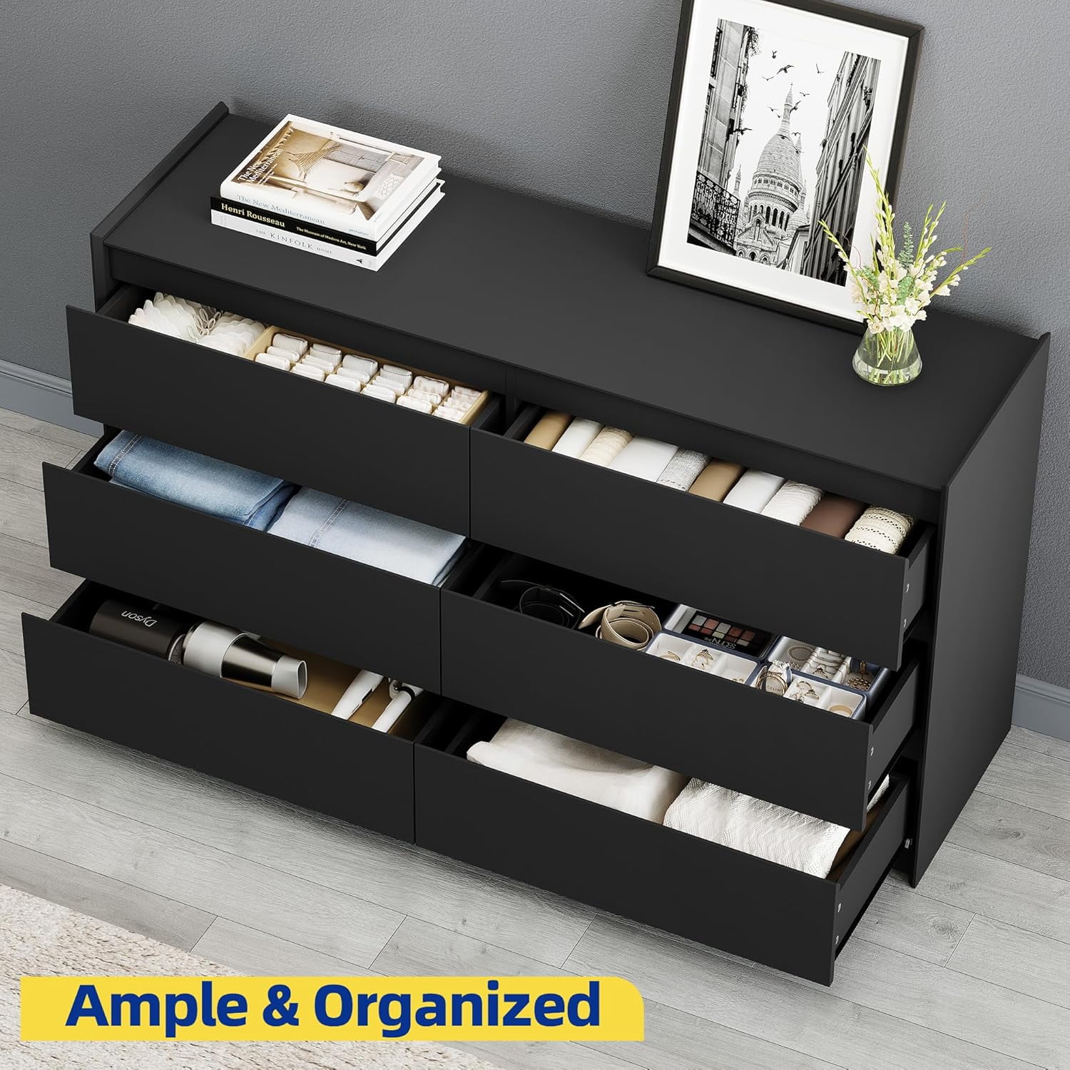 Black Dresser for Bedroom, 54" Wide Chest of Drawers, Simply Modern 6 Drawer Storage Organizer for Closet, Hallway, or Living Room