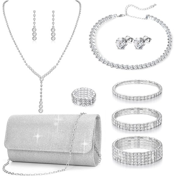 11 Pcs Silver Jewelry Set, with Clutch Purse Crystal Jewelry Sets for Women for Evening Party Bride Wedding