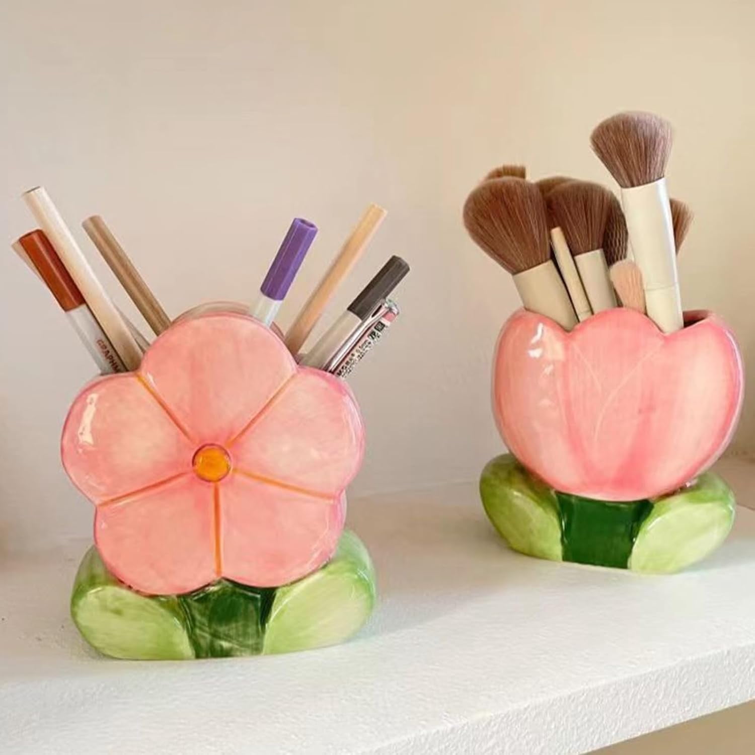 Pen Holder for Desk Tulips Vase Decor Aesthetic Cute Toothbrush Holder Pencil Holder for Office Makeup Brush Holder Yellow Kawaii Desk Accessories Home Decor Birthday Gifts for Women