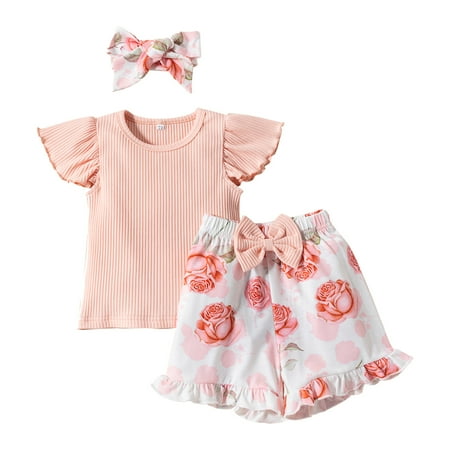 

Toddler Outfits Sets For Teens Girl Soild Ribbed Ruffle Short Sleeve Top Floral Prints Bowknot Pants Headband 3Pcs Kids Clothes Suit