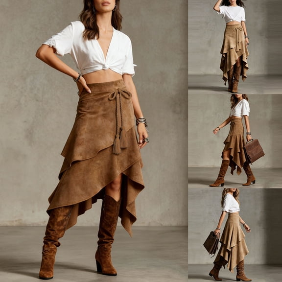 Oksale Western Skirts for Women Vintage Asymmetrical Hem Faux Suede Skirt Flowy Cowgirl Midi Skirts Khaki M