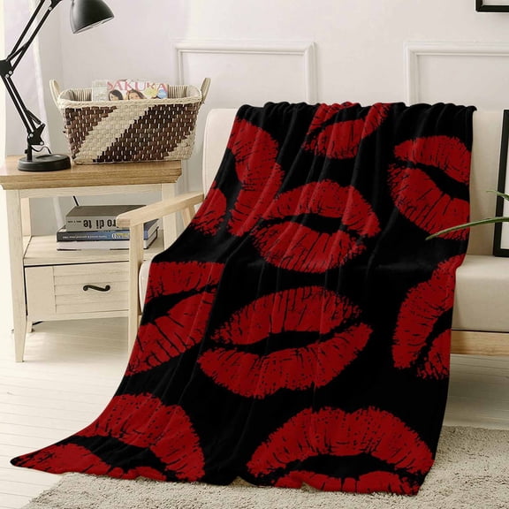 Fleece Blanket Lipprint Kisses Red and Black Blankets, Soft Cozy Warm Flannel Throw Blanket, Valentine's Day Lips Texture Blanket for Bed Couch Sofa,40x50In