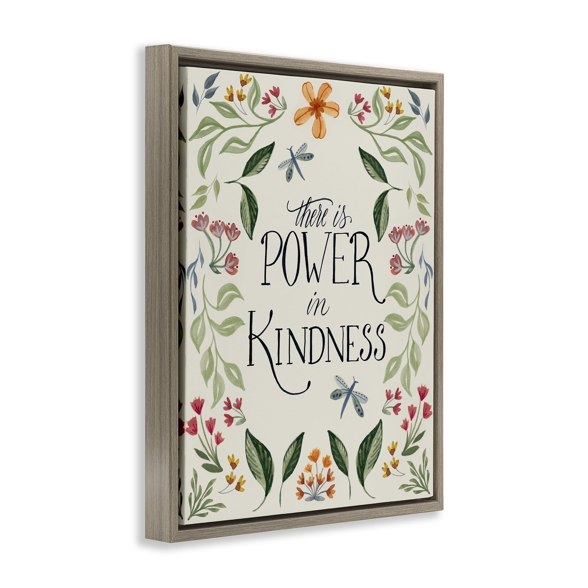 Stupell Industries Floral Power in Kindness Botanical & Floral Painting Brown Floater Framed Canvas Art Print Wall Art, 17 x 21