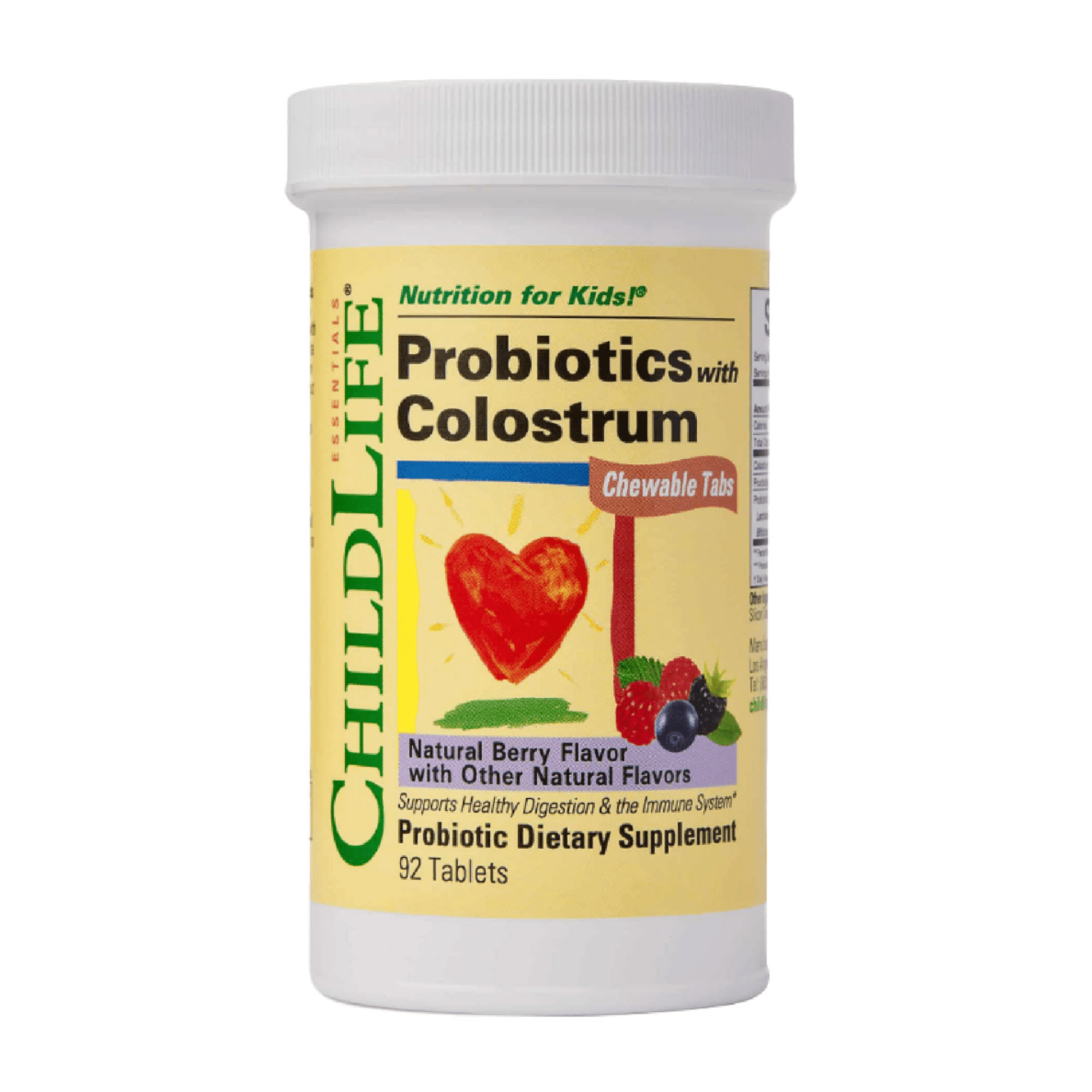 ChildLife Essentials ChildBiotics Probiotics with Colostrum: Gut Health Support for Kids, Natural Mixed Berry Flavor, 92 Chewable Tablets