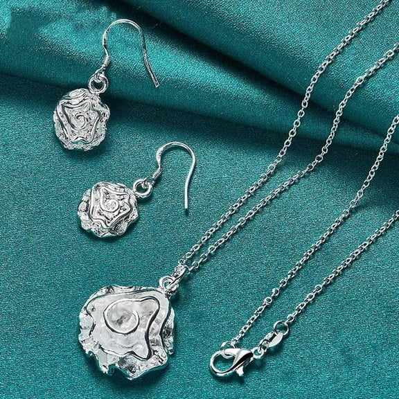 EOEMY 2Pcs 925 Sterling Silver Charm Rose Flower Necklace Earring Set Party Jewelry-Default