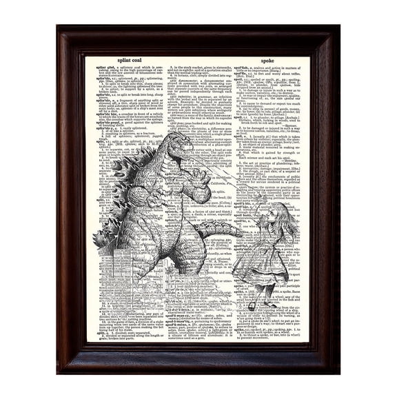 Godzilla Vs Alice - Dictionary Art Print Printed On Authentic Vintage Dictionary Book Page - 8 x 10.5
