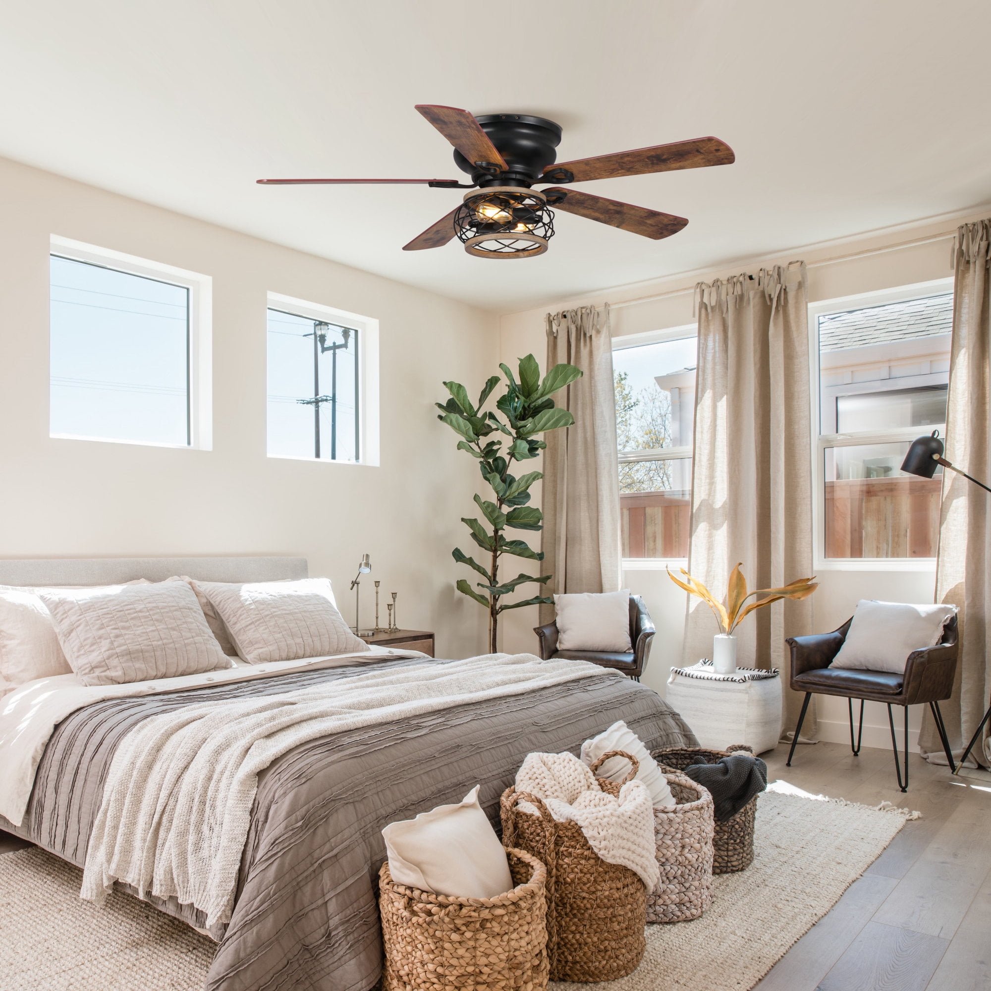 Parrot Uncle Farmhouse 48-Inch Brown Ceiling Fan with Lights and Remote,  Low Profile Ceiling Fan with Light