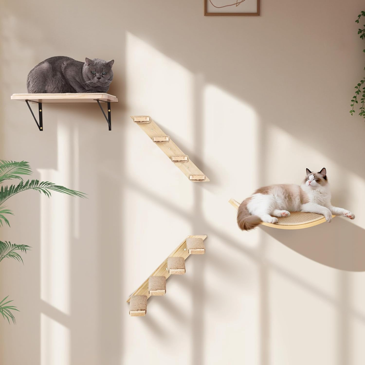 Peluomoz Curved Wood Cat Wall Perch – Wall-Mounted Floating Indoor Platform with Sisal Mat (Sleeper & Climb Shelf)