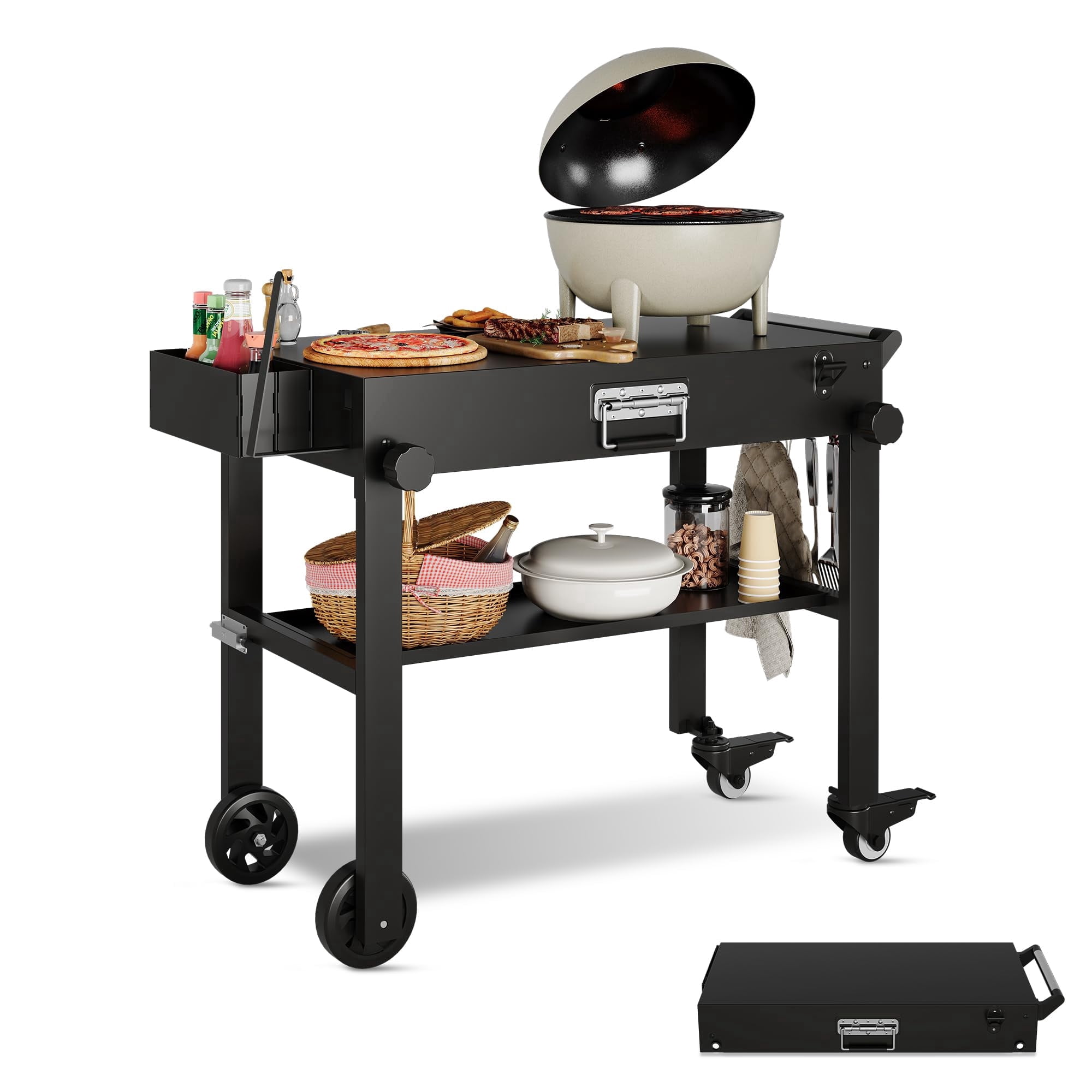 Heavy Duty Outdoor Grill Cart with Foldable Shelf, Rolling Stainless Steel Kitchen Prep Table Cart