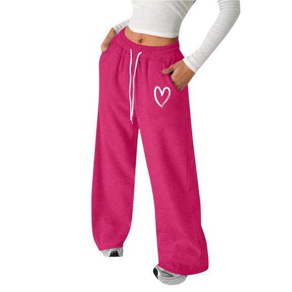 Mercatoo Heart Print Sweatpants for Girls Baggy Athletic Pants Wide Leg 𝗬2K 𝗗rawstring Elastic Waist Joggers with Pocket