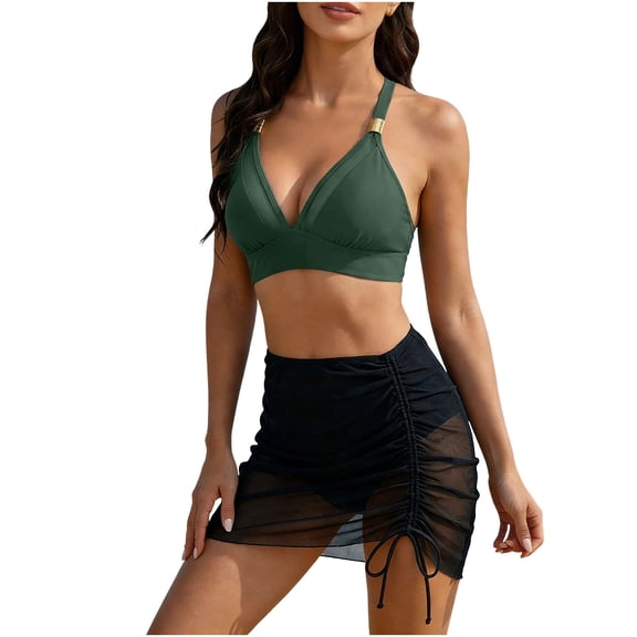 ShomPort Womens Bikini Sets V Neck Swim Bra and Bottoms with Mesh Cover up Skirt Beach Two Piece Swimsuits