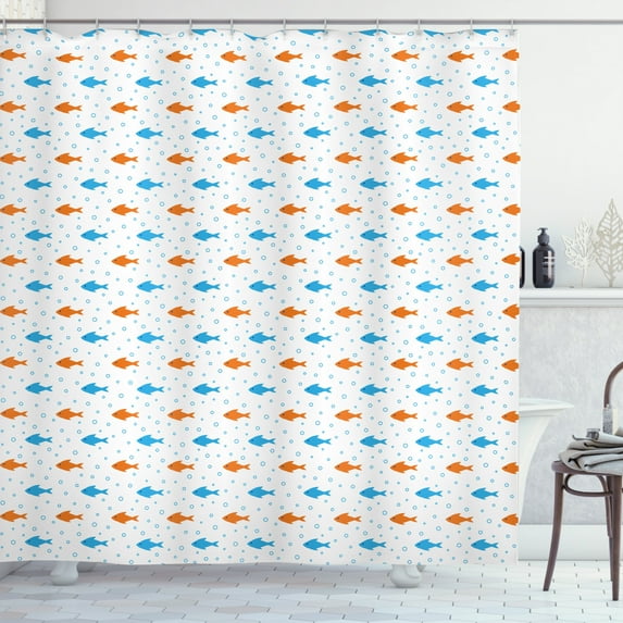 Fish Shower Curtain, Bicolored Flock of Fish Bubbles Motif on Plain Background Illustration, Fabric Bathroom Set with Hooks, 69W X 75L Inches Long, White Sky Blue and Orange, by Ambesonne