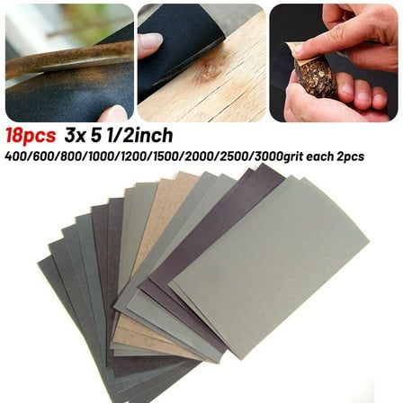 18Pc Wet/Dry Sandpaper 3*5-1/2" 400/600/800/1000/1200/1500//2500/3000Grit