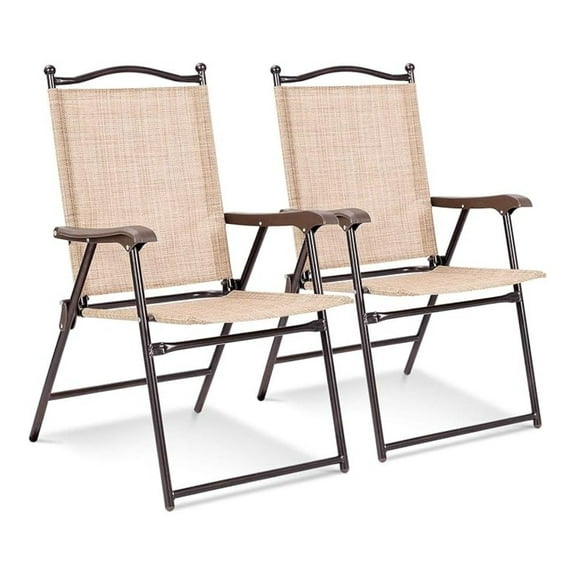 WDZS Set of 2 Patio Folding Chairs, Outdoor Patio Dining Chairs w/Armrest, Sling Back, Metal Frame, Outside Use for Lawn Camping Garden Pool Beach Yard Lounge, No Assembly, Yellow