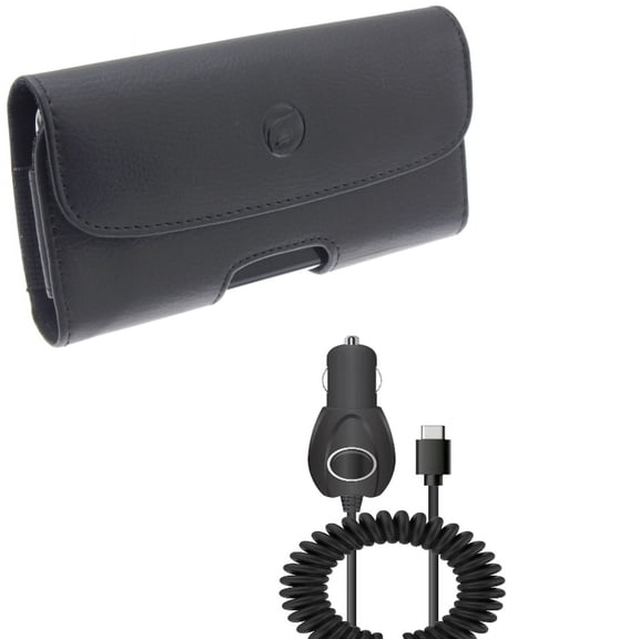 15W Car Charger & Case Belt Clip for iPhone 15 Pro Max - Type-C Power Adapter DC Socket and Leather Holster Cover Loops N8O for iPhone 15 Pro Max (6.7")