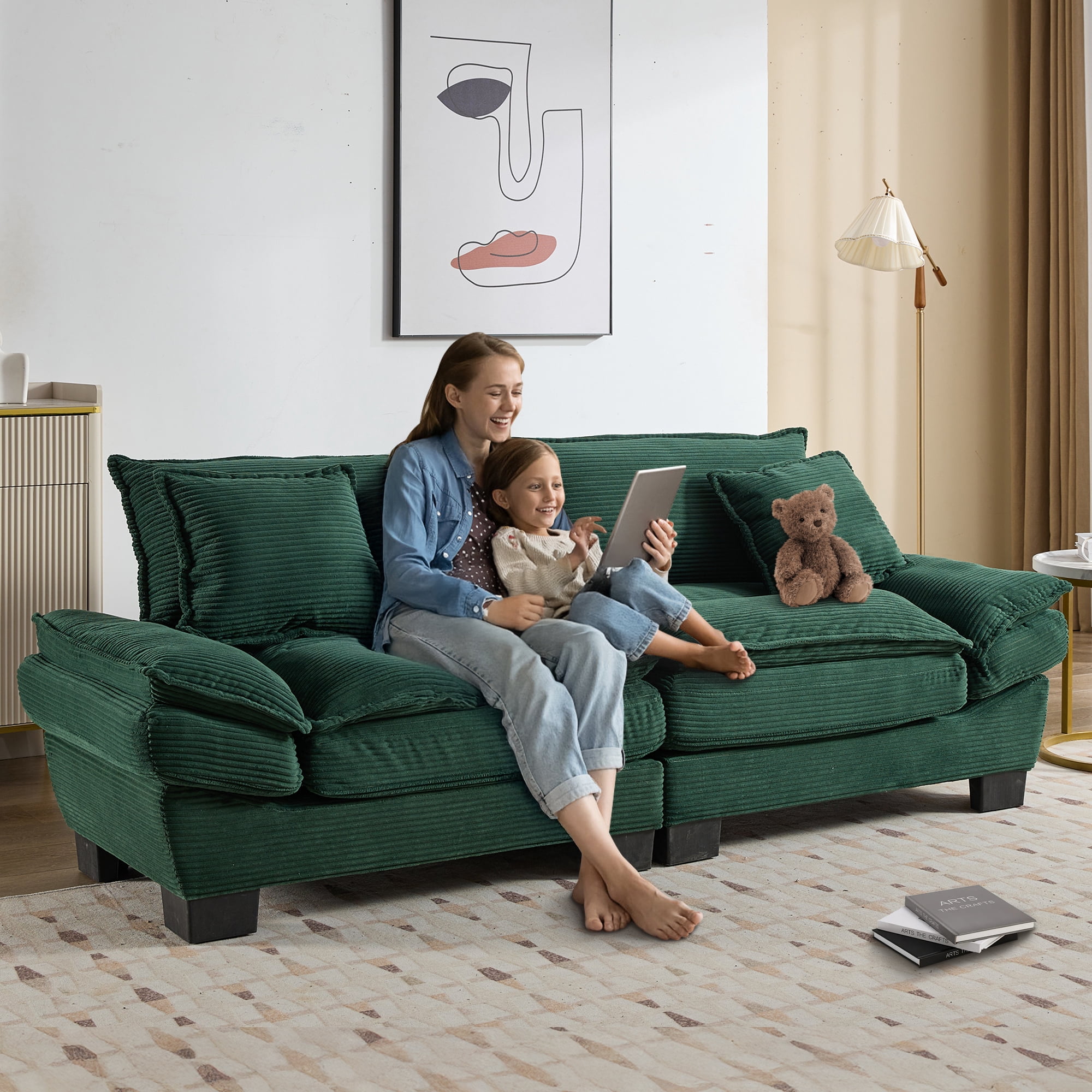 Dinosisco 84"L Deep Seat Sofa, Corduroy Upholstered Sleeper Couch for Living Room, Green