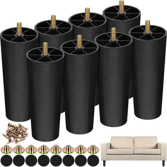 TURSTIN 8 Pack 6 inch Tapered Plastic Furniture Legs, Replacement Sofa Feet with M8 T-nuts Screws for Coffee Table Dresser Bed DIY Projects