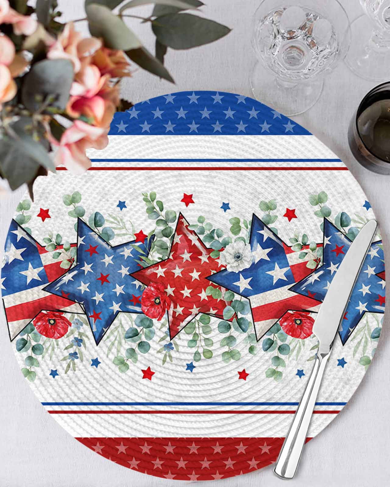 Red White Blue Patriotic Stars Round Table Placemats set of 6, Eucalyptus Leaves Poppy Washable Woven Place Mats for Dining Tables Kitchen Party Decor,Heat Proof, 15in,
