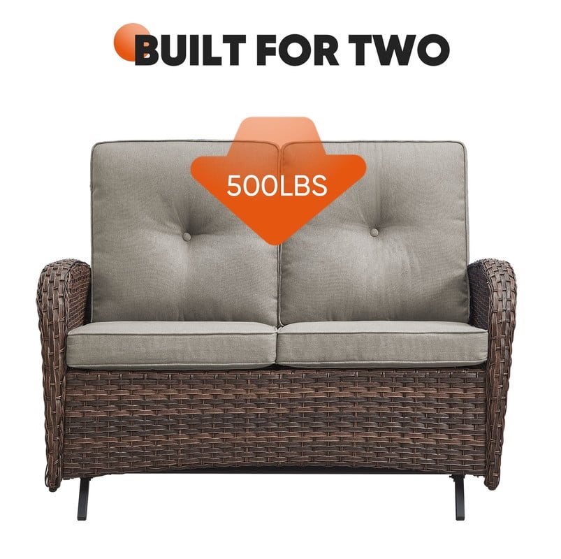 PARKWELL 5 Pieces Outdoor Patio Furniture Set with Fire Pit Table,All Weather Wicker Cushioned Rocking Chairs,Loveseat Glider for Garden Lawn Balcony Porch Deck,Brown/Gray