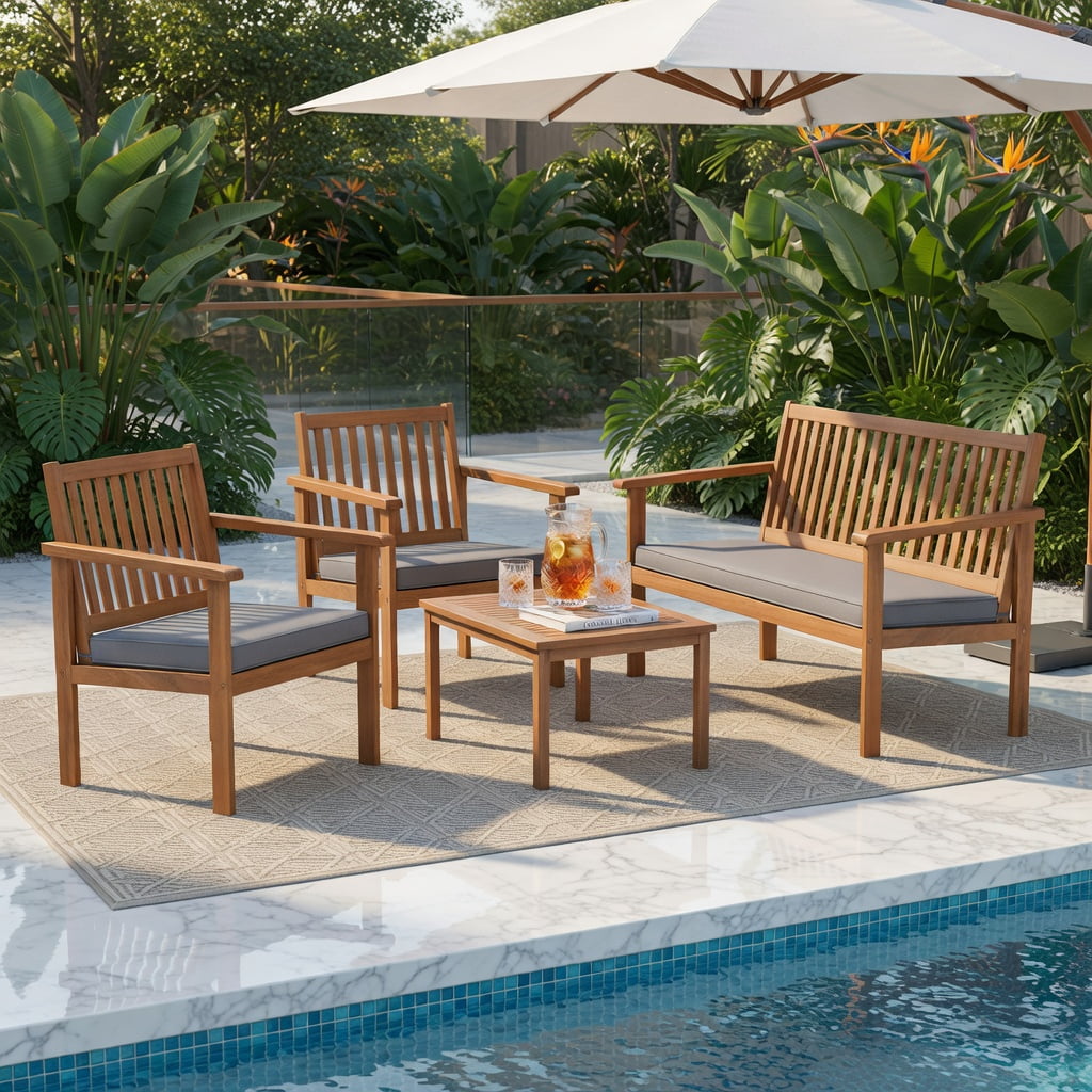 Hommoo 4-Piece Acacia Wood Patio Furniture Set, Cushioned Loveseat, 2 Chairs & Coffee Table for Backyard, Poolside, Porch, Gray