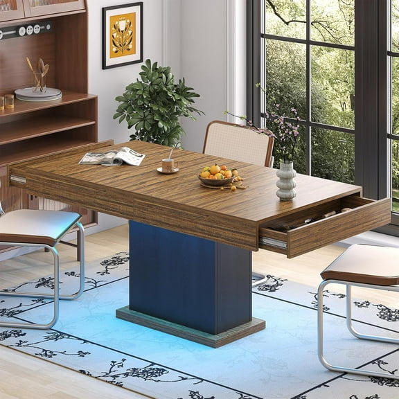 HAUXITIO 55 Inch Dining Table with LED Lights & 2 Drawers,Wooden Pedestal Base Table for 4-6 People,for Kitchen & Dining Room,Black& Rustic Brown