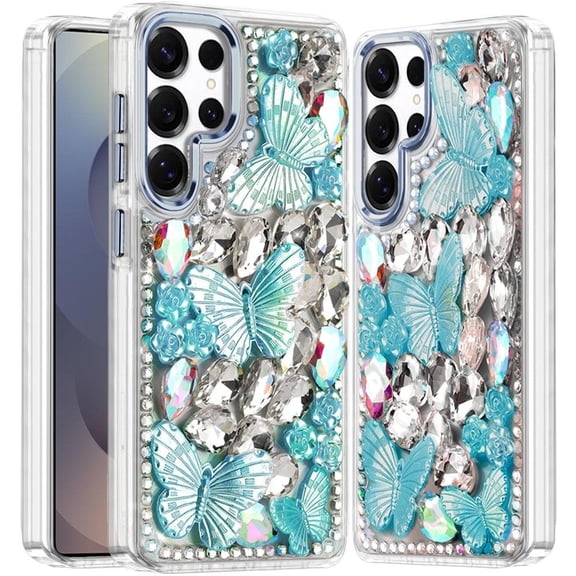 For Samsung s26 Ultra Lavished Floral Butterfly Bling Stones Hybrid Case - Blue