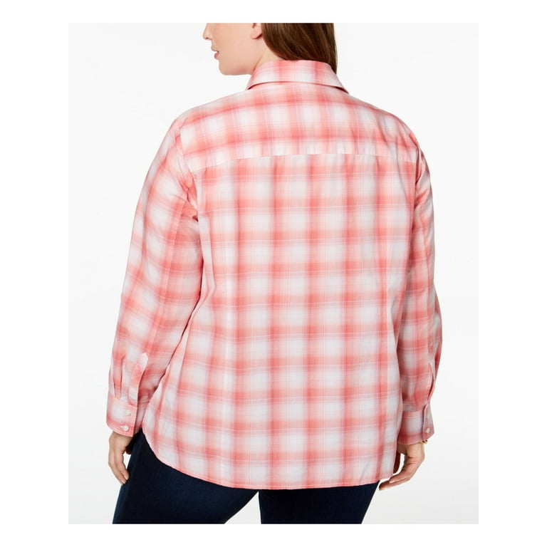 Pink 1X Top Plaid Button Up HILFIGER Plus Cuffed Size: TOMMY Womens Collared