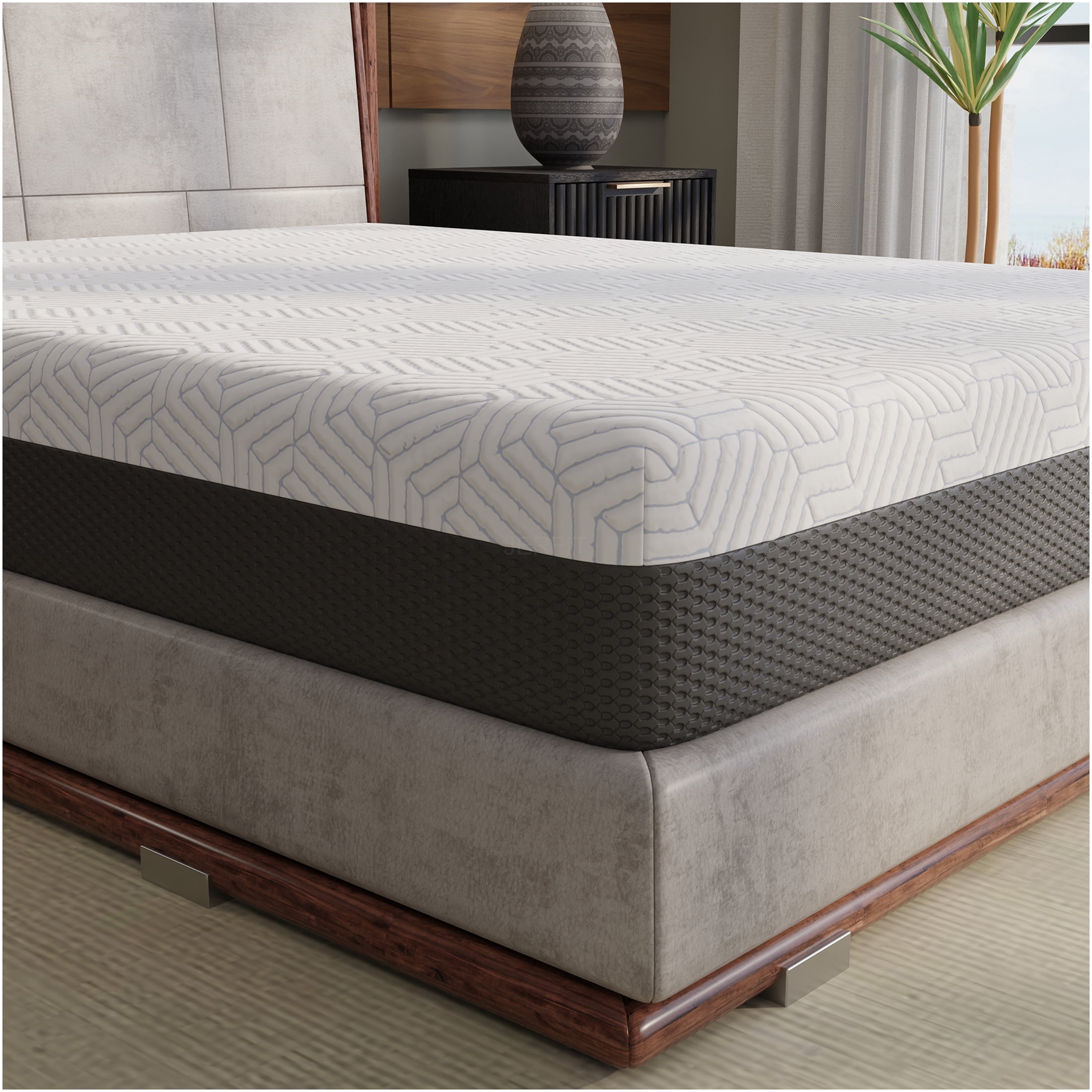 JERFIT California King Size 10 Inch Medium Firm Mattress, Gel Memory Foam Bed Mattress in a Box with Cool Cover, CertiPUR-US Certified, White and Gray