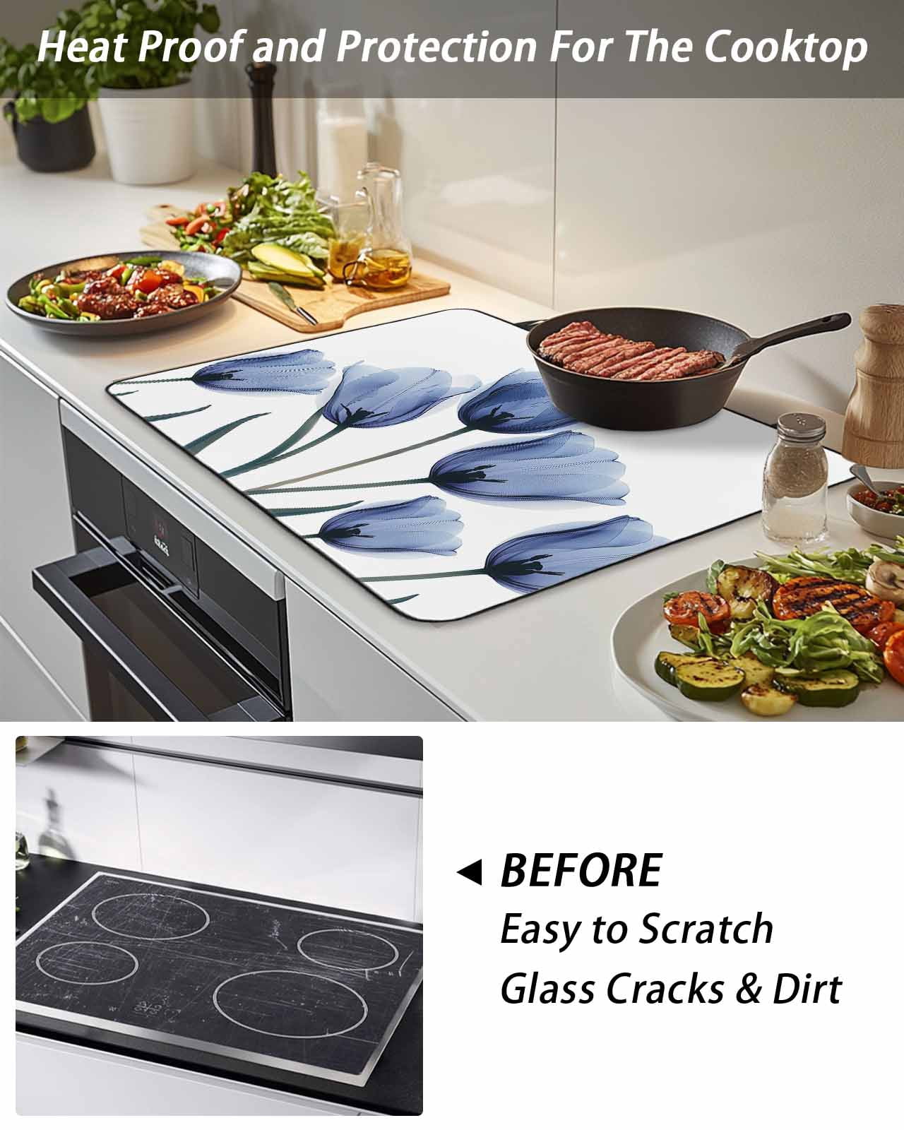 Stove Top Covers for Electric Stove, Blue Tulip Flower Glass Stovetop Cover Protector, Vintage Spring Plant Floral Botanical Induction Cooktop Protector Oven Mat for Kitchen Countertop 24"x21"