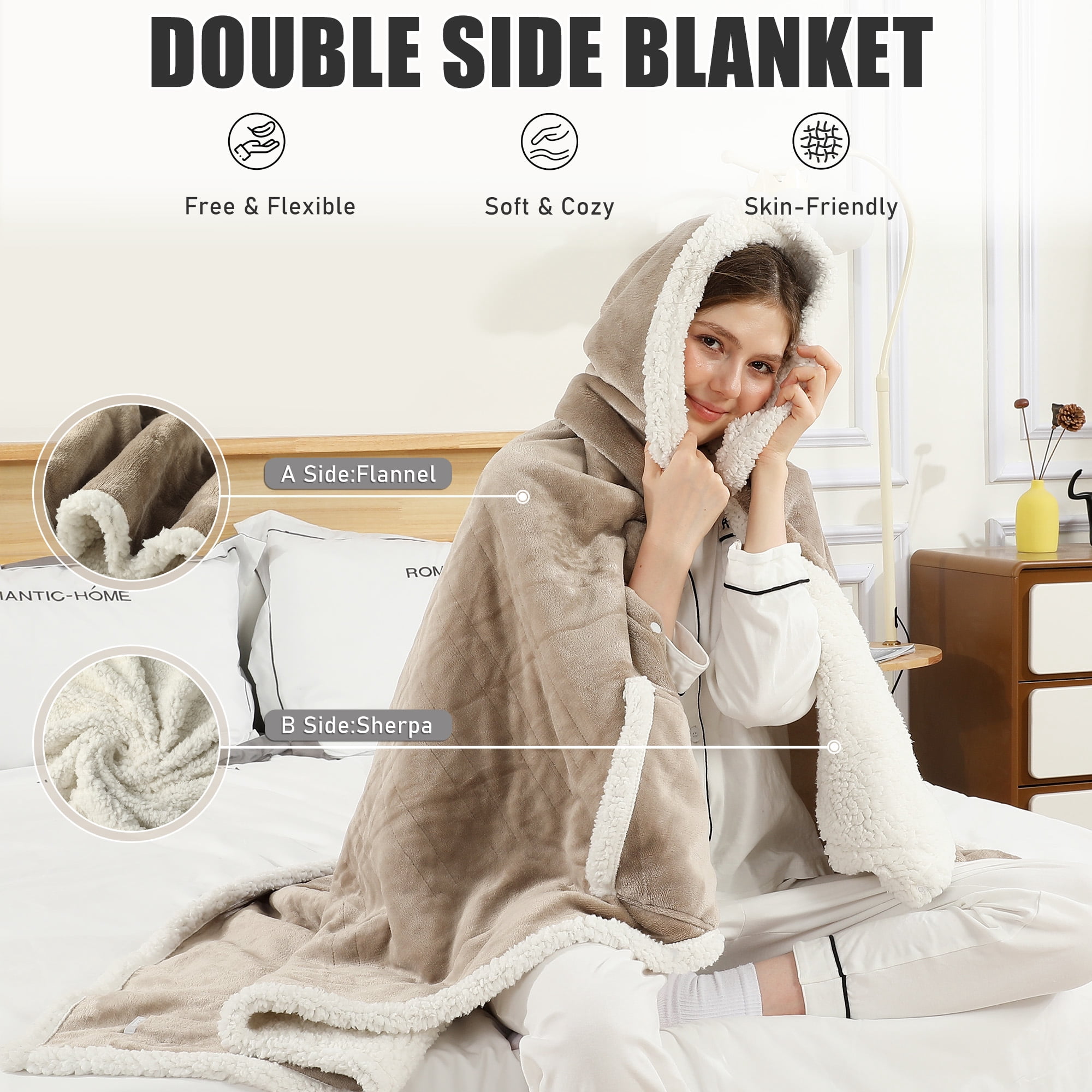 TRUSTWARMTH Wearable Heated Throw Blanket 50"*64", Electric Heated Throw Blanket Wrap Poncho with Hood Pockets, 6 Heating Levels & 4 Hours Time Settings, Machine Washable, Beige