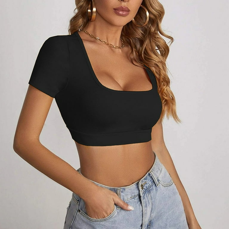 ALSLIAO Women Sexy Crop Top Short Sleeve T-shirt Summer Square Neck Slim  Fit Top Black S