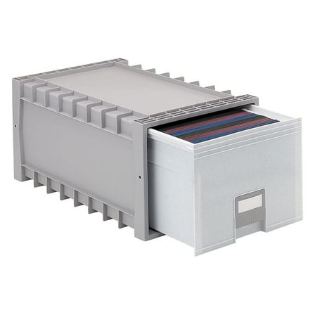 24" Archive Letter/Legal Box - Light Grey Plastic File Box - Heavy Duty, Stackable Storage Container with Wheels & Label Holder - 11.5"H x 15.13"W x 24"D