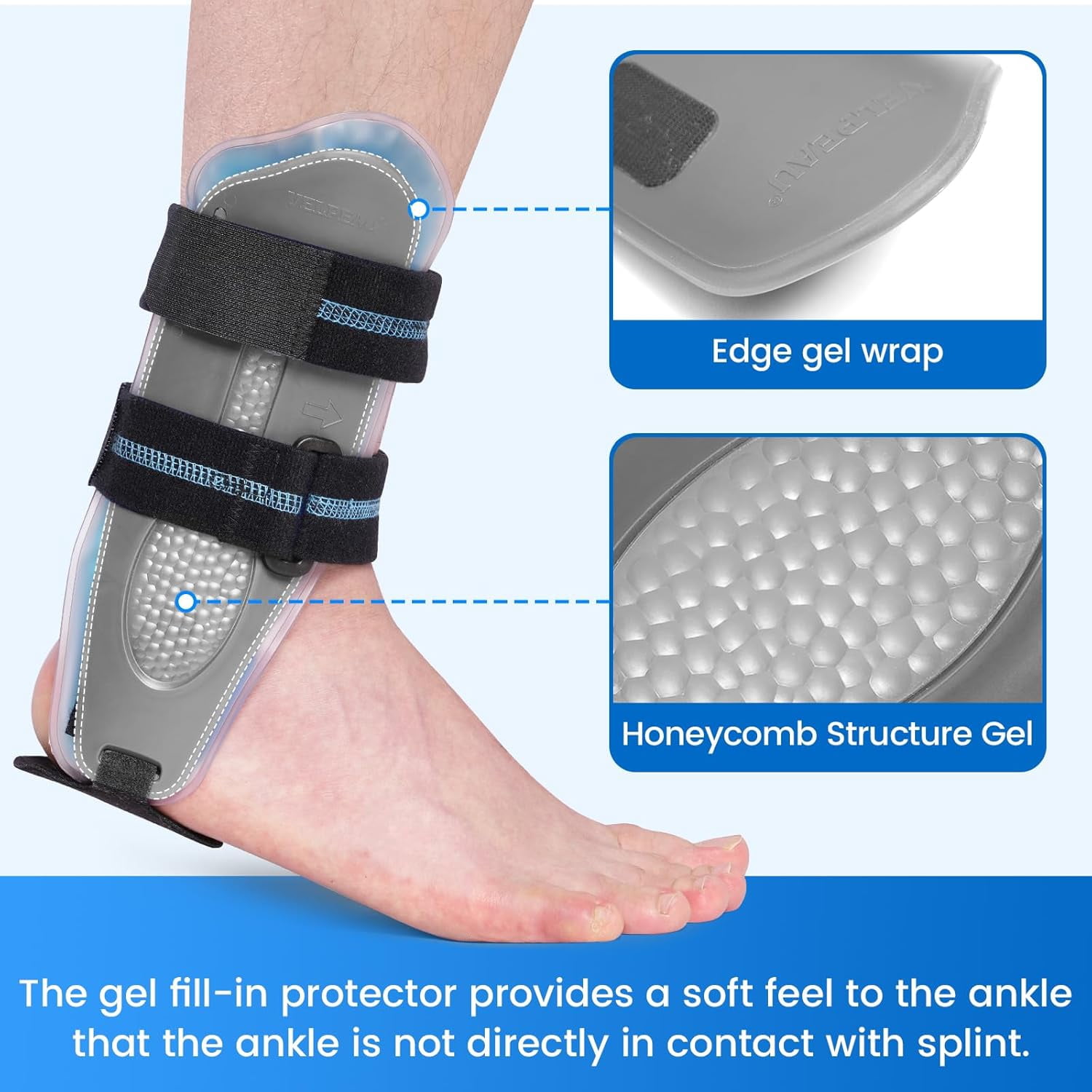 Velpeau Ankle Support Brace for Men & Women, Ankle Stabilizer, Stirrup Splint for Sprains, Tendonitis, Volleyball, Basketball, Sprained Ankle, Reversible Left & Right Foots, One Size (Gel Pad, Grey)