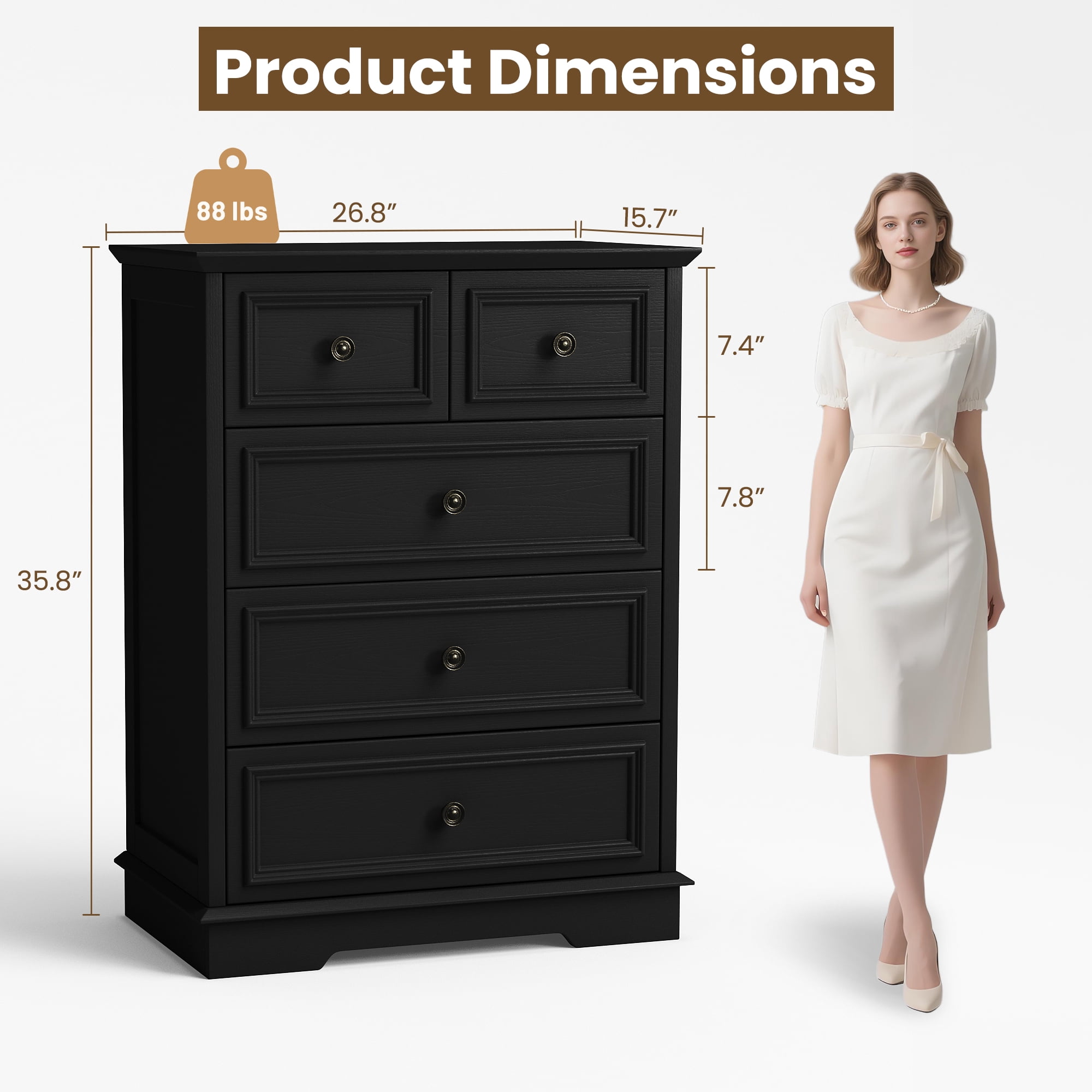 IDEALSOUL 5 Drawer Dresser for Bedroom, Black Rustic Style Chest of Drawers, Retro Style 5 Drawer Dresser for Bedroom, Living Room, Bathroom