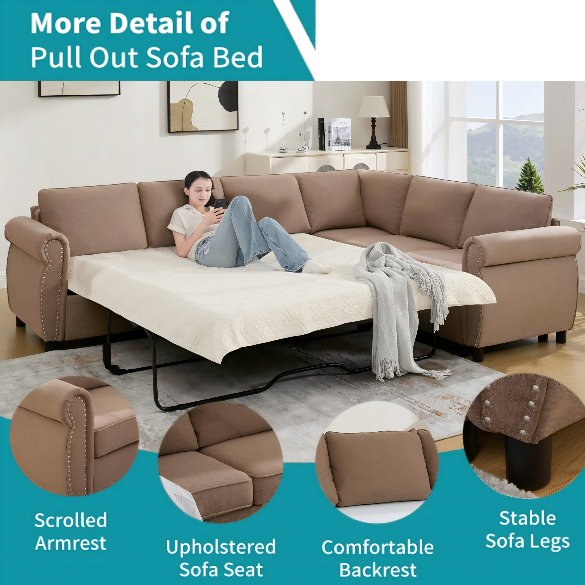 LLappuil Sectional Sofa, Pull Out Sofa Bed Queen Size, 6 Seat Sofa Couch Convertible Sleeper Sofa Bed for Living Room Brown