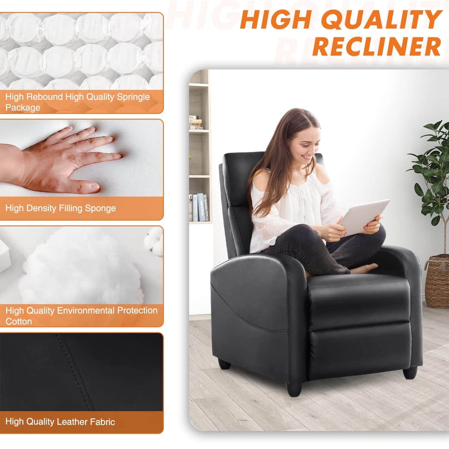 Manual Recliner Chair Sofa with Massage and Heating, Overstuffed Push Back Reline Chair, Lumbar Support Home Theater for Living Room, Black