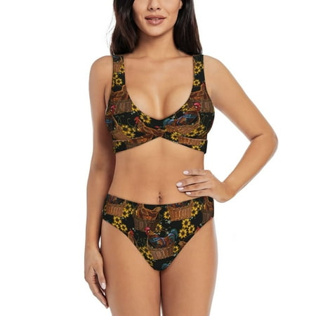Zeuib Embroidery Chicken Rooster And Sunflowers High Waisted Tummy Control Bikini Set - Knot Front Push Up Top & Cheeky Thong Bottom  Two-Piece Swimsuit for Women-Small
