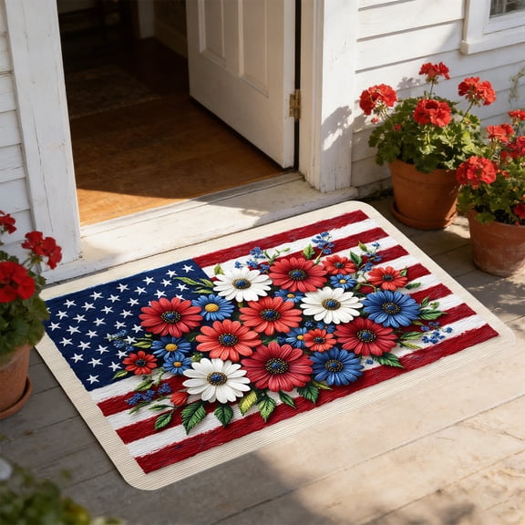 Ouuluon Welcome Floor Mats America Memorial Day Doormat, 4th of July Patriotic Independence Day Soft door mat for Indoor Outdoor Home Entrance