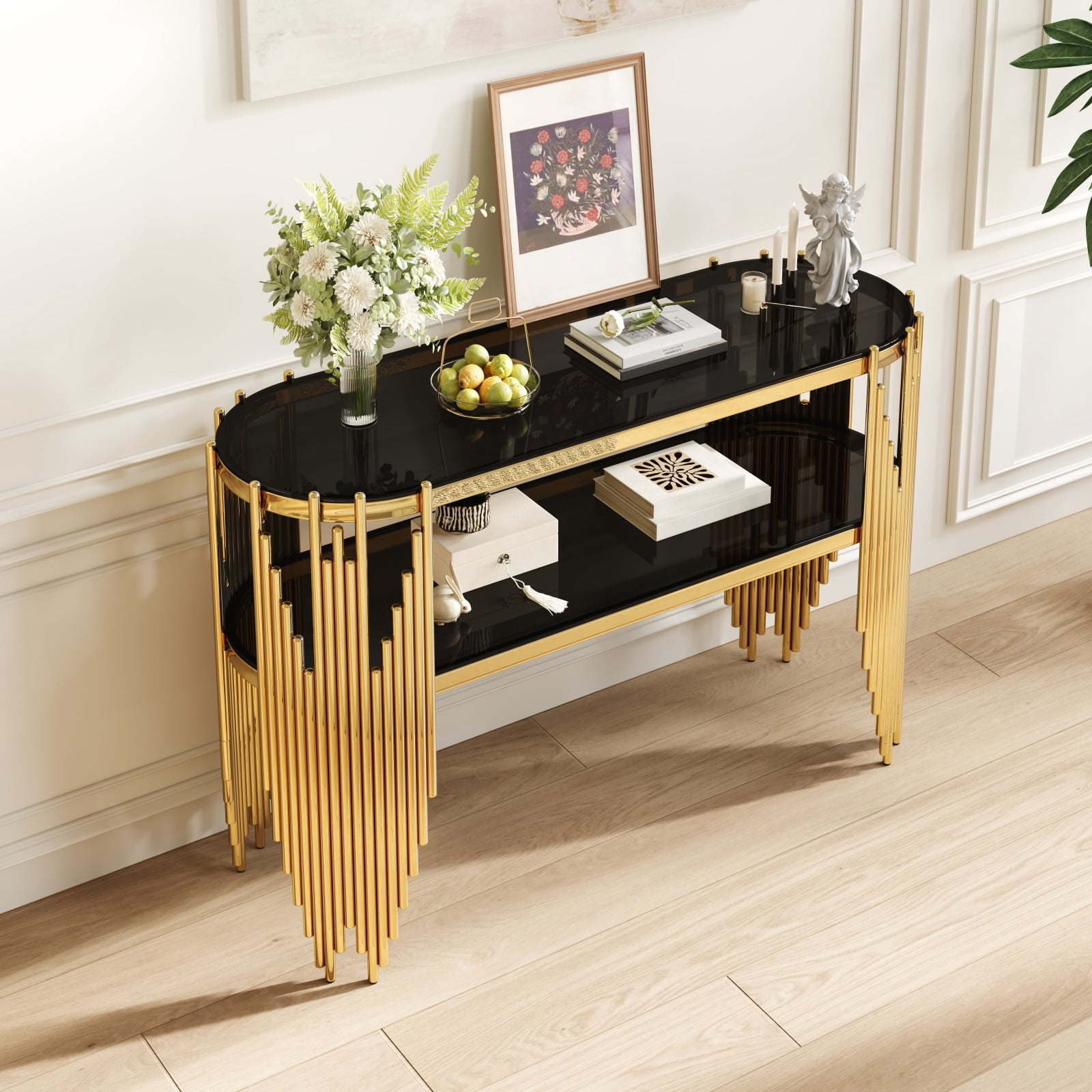 Hommoo Modern Oval Console Table, 2-Tier Tempered Glass Entryway Table with Polished Stainless Steel Frame, Art Deco Hallway or Living Room Accent, Black & Gold