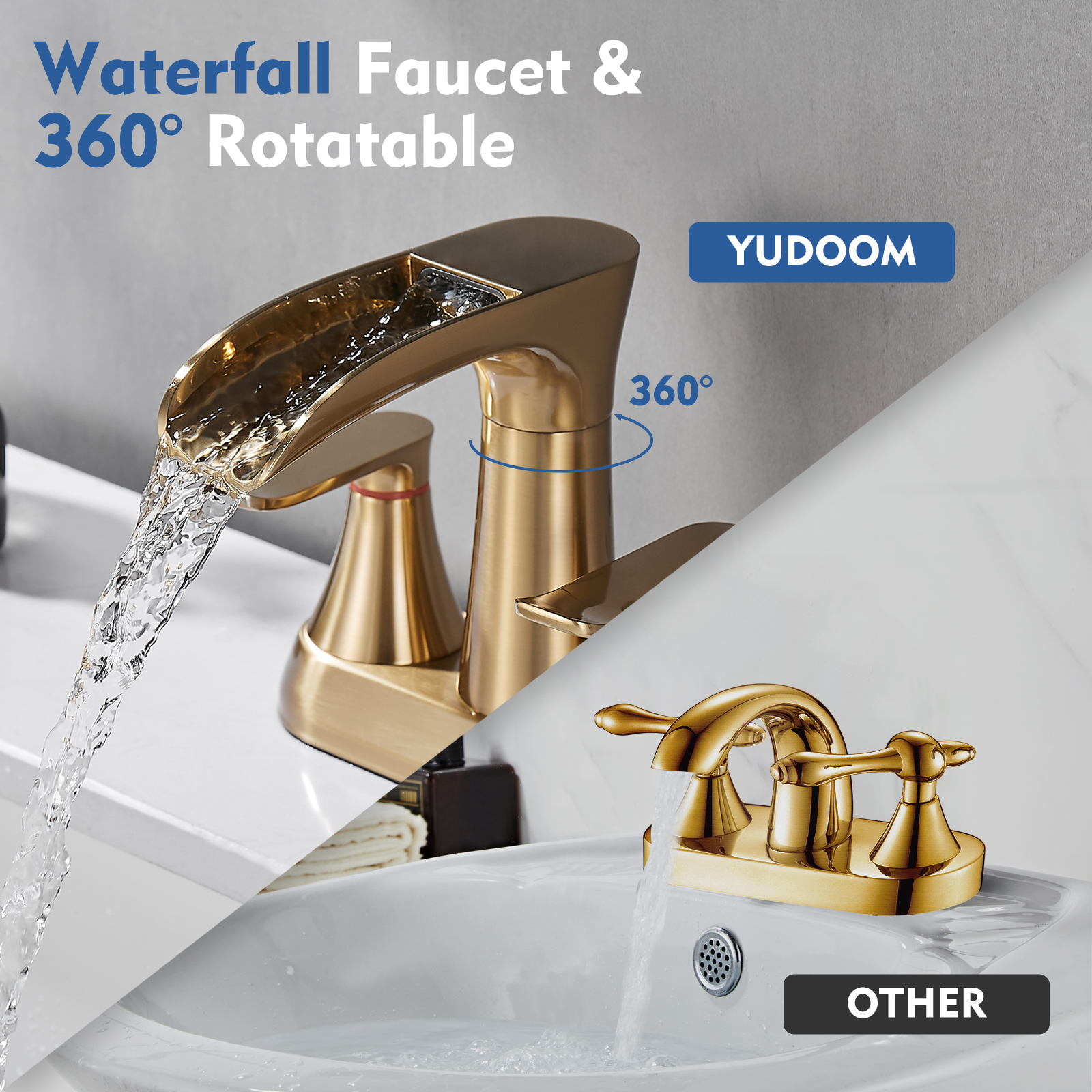 Brushed Gold Bathroom Faucet,Yundoom 4 Inch Centerset Bathroom Faucet,Waterfall Bathroom Faucet,2 Handle Bathroom Faucet for Sink 3 Hole,360 Degree Swivel Spout Bathroom Sink Faucet with Pop Up Drain