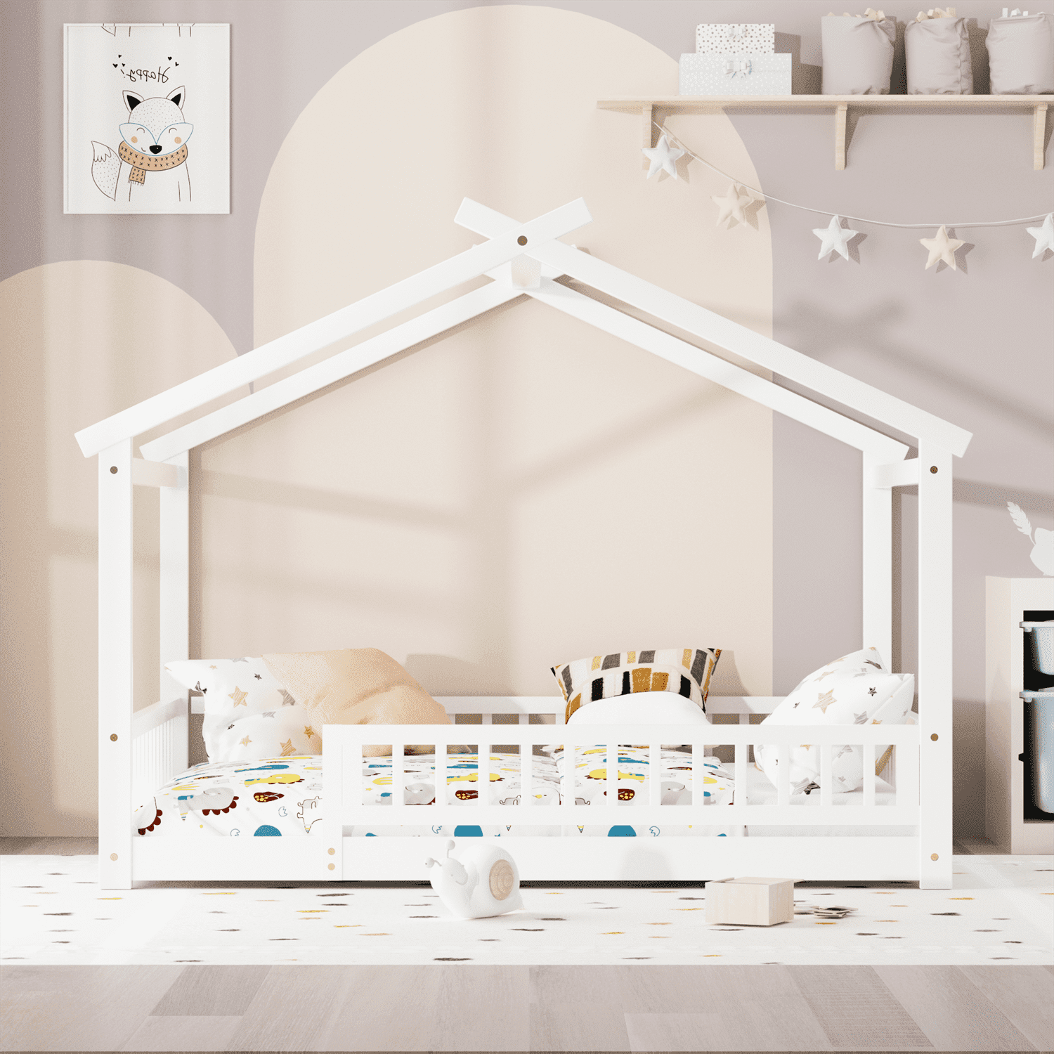 Twin Size House Floor Bed with Roof, Wooden Montessori Floor Bed Frame with Safety Fence and Wooden Slats, Montessori House Floor Bed for Boys and Girls, White