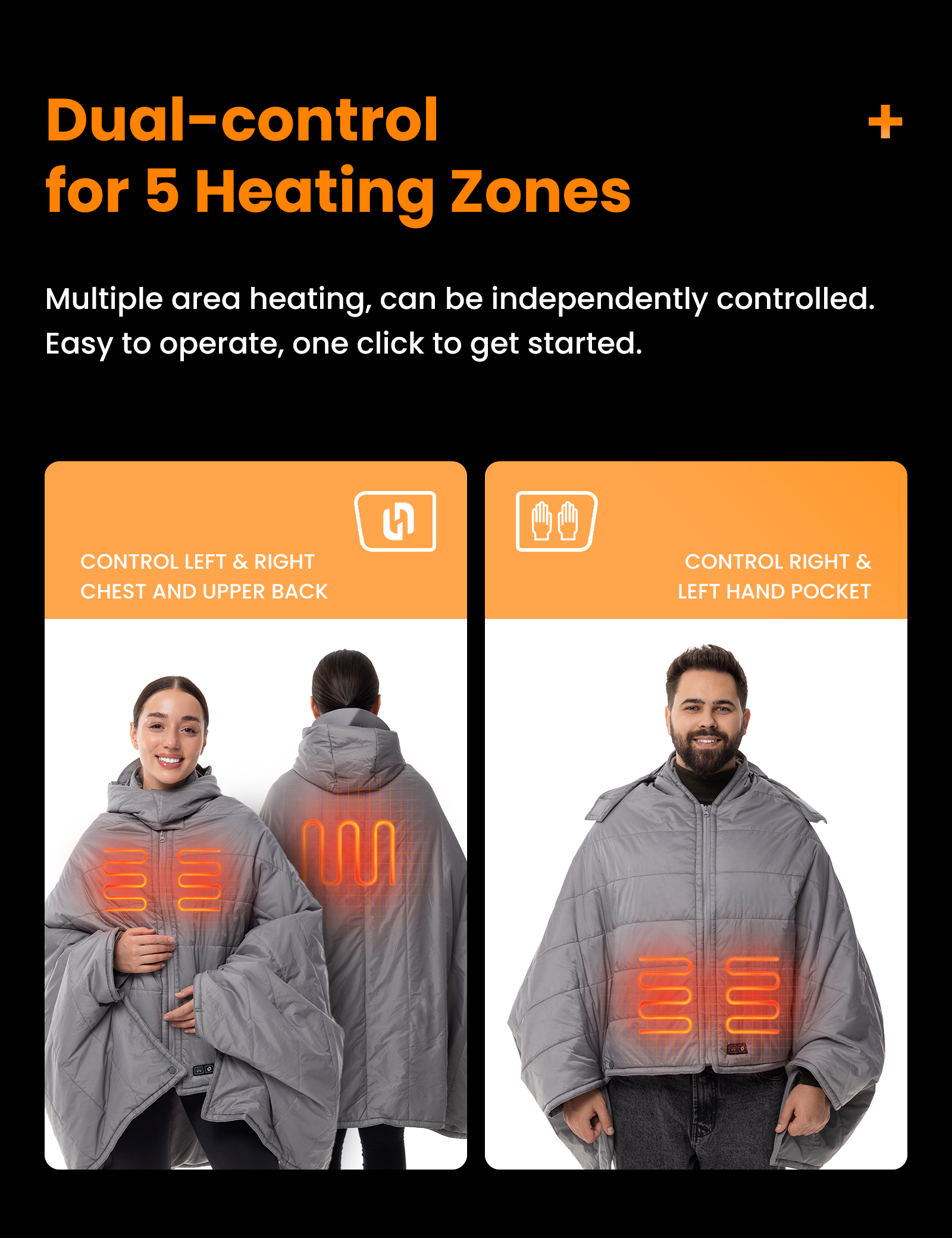 HENNCHEE Heated Blanket Battery Operated with Removable Hooded 70" x 42" Waterproof Heated Poncho for Home, Outdoors, Camping, Grey